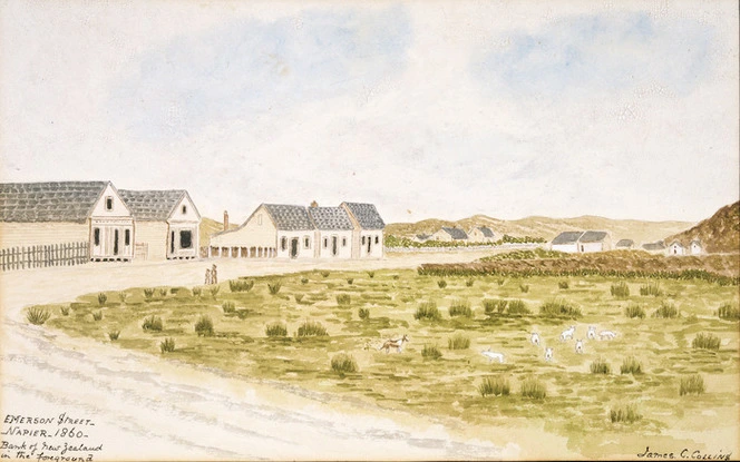 Collins, James C :Emerson St. Napier 1860. Bank of New Zealand in the foreground
