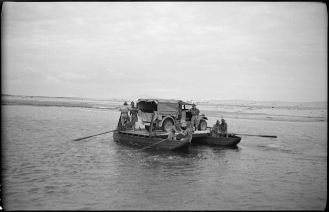 Engineers ferry truck on a pontoon raft, Egypt