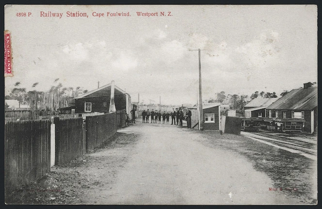 [Postcard]/ Railway Station, Cape Foulwind, Westport, N.Z. Muir & Moodie. 4898P. Issued by Muir & Moodie, Dunedin, N.Z. from their copyright series of views. [1908?]
