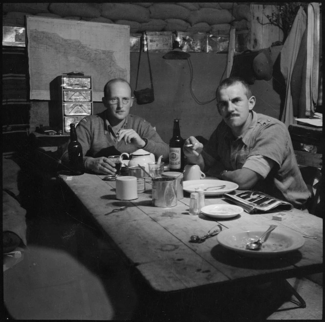 NZASC lieutenants D J Henshaw and J L McIndoe in their dugout, Western Desert