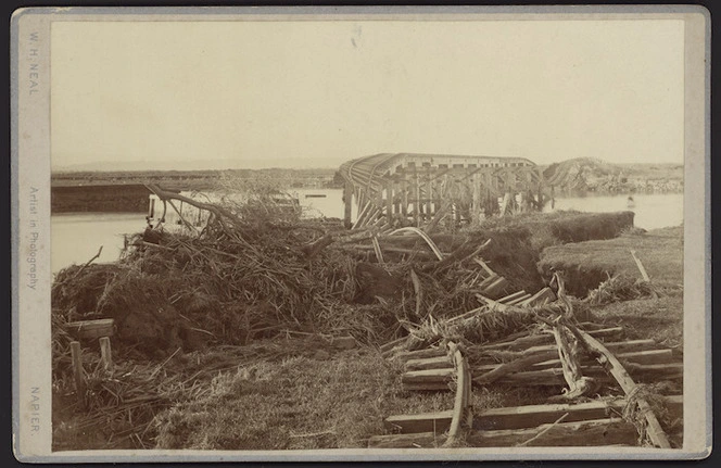 Waitangi bridge at Clive, Hawke's Bay, wrecked by the flood of 16 April 1897 - Photograph taken by W H Neal