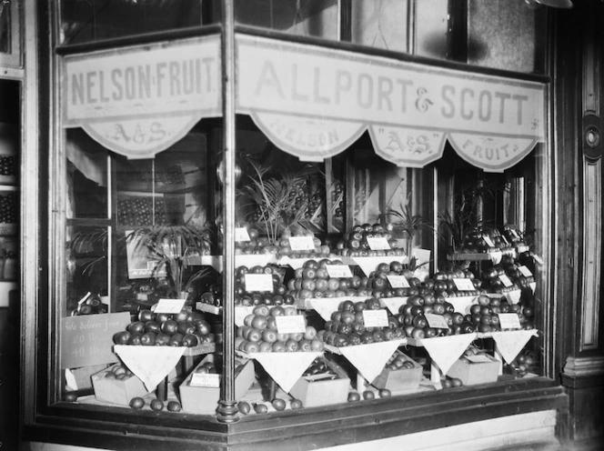 Allport & Scott's apple display in their store window