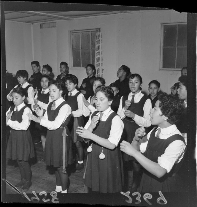 Maori children performing a maori song at Khandallah School, Wellington
