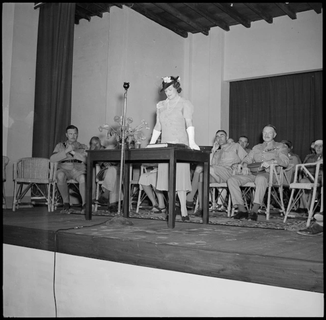 Mrs Freyberg speaking at the opening of the Lowry Hut, Egypt