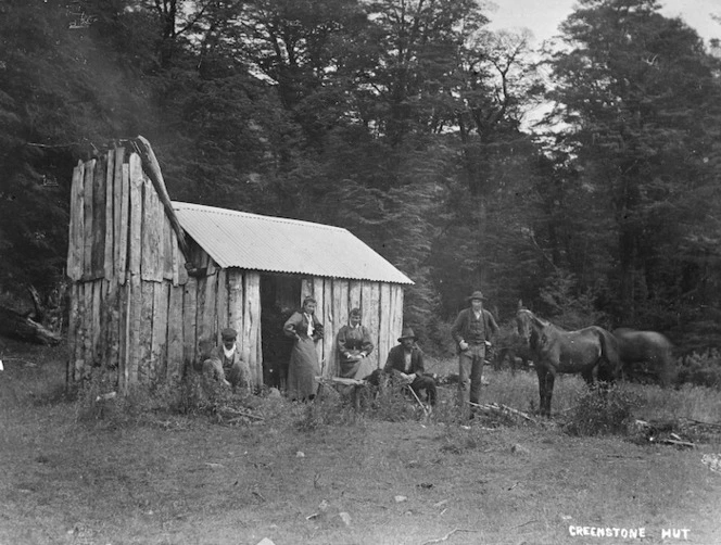 C Oldfield, Alice McKenzie and Hugh McKenzie at Greenstone Hut, Martins Bay, Otago