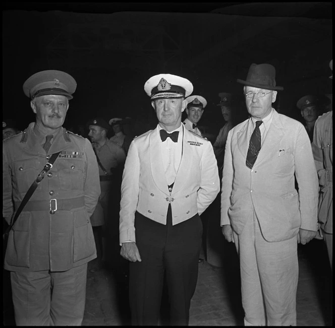 Admiral Sir Andrew Cunningham and Peter Fraser on the wharf at Alexandria to welcome troops evacuated from Crete