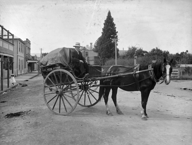 James Smith Ltd delivery horse and cart branded with the firm's premises, "The New House"