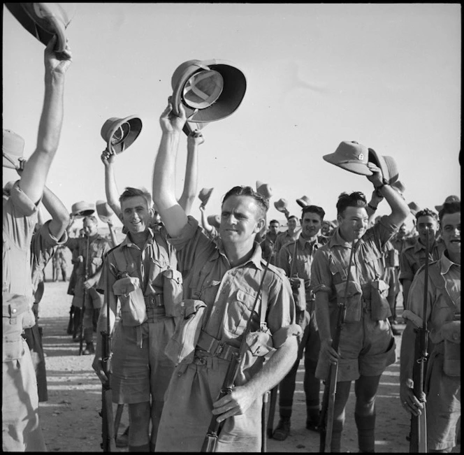 New Zealand troops cheering the King of Greece