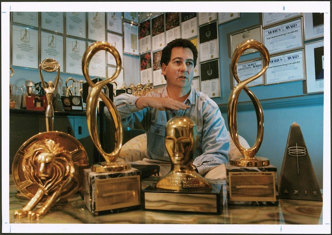 Kim Thorpe of Saatchi and Saatchi with some of the agency's awards - Photograph taken by Phil Reid ca 21 August 1993