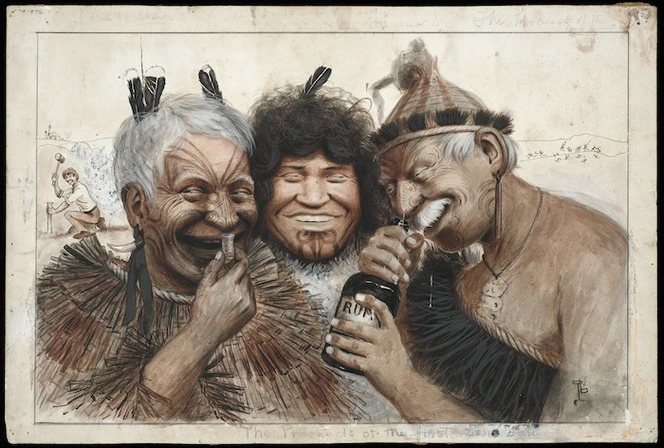 Lloyd, Trevor 1863-1937 :[Scenes of Maori life. 1910s? A drunken threesome] The proceeds of the first land deal.