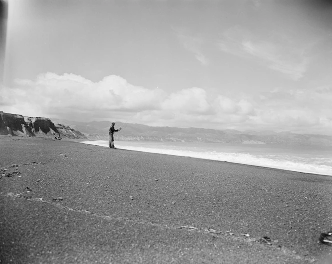 Shoreline of Lake Onoke, South Wairarapa, with fisherman