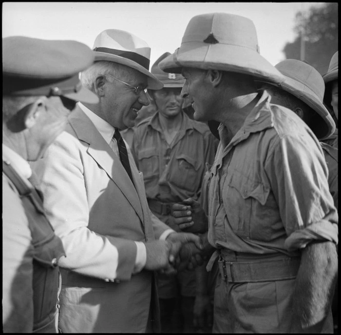 Prime Minister Peter Fraser greeting troops at Gezira Sporting Club, Cairo