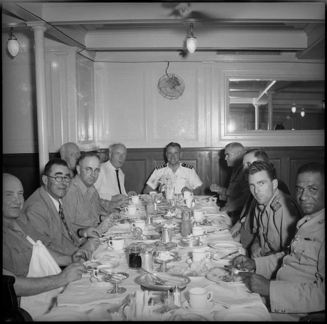 Prime Minister Peter Fraser dining aboard Maunganui, Port Tewfik