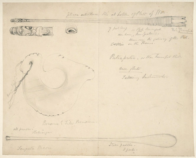 [Angas, George French] 1822-1886 :Warhorn or pah trumpet, New Zealand blown over the gateway of the pah. Onotia on the Thames; Putraputra or war trumpet stick; nose flute; tattooing instruments; ponamu (tiki pounamu) old priestess Hokianga; steer paddle [1844]