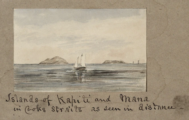 Pearse, John, 1808-1882 :[New Zealand coastal views, 1854 - 1856] Island of Kapiti and Mana in Cook Straits as seen in distance.