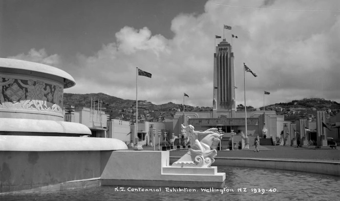 View of the New Zealand Centennial Exhibition, Wellington from the fountain, towards the Exhibition tower