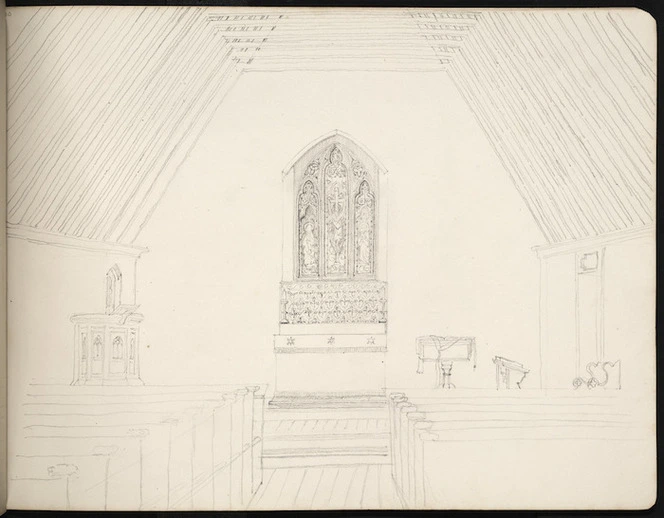 Medley, Edward Shuttleworth, 1838-1910 :[Wooden church interior looking towards altar and pulpit. 1850s]