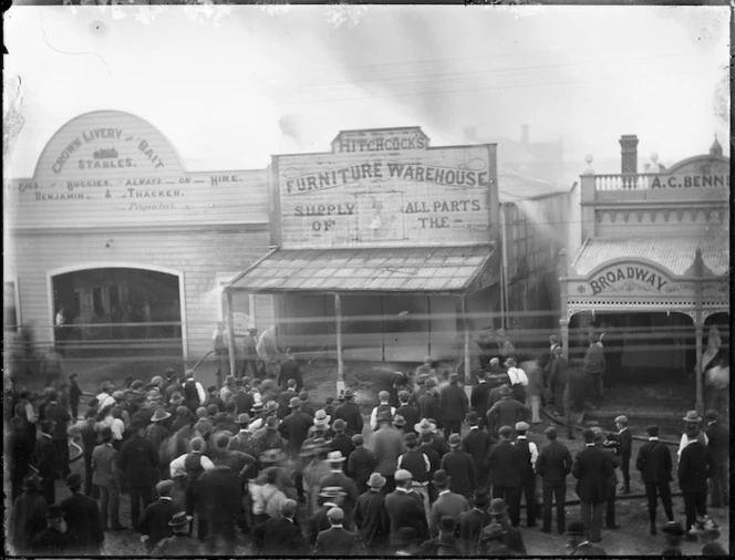 Fire in Hitchcock's Furniture Warehouse, Stratford, Taranaki