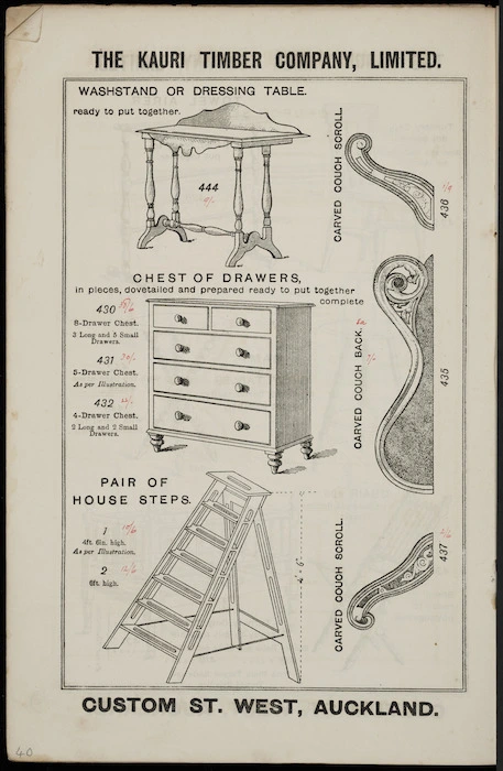 The Kauri Timber Company Ltd (Auckland Office) :Washstand or dressing table, chest of drawers, pair of house steps, carved couch scroll, carved couch back. [Catalogue page. ca 1906].