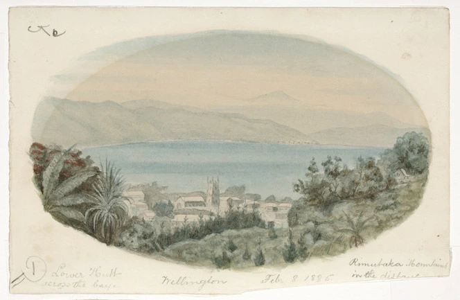 [Doubleday, William or John], fl 1880s :Wellington Dec, 1884; Feb 8, 1885; Lower Hutt across the bay; Rimutaka mountains in the distance.