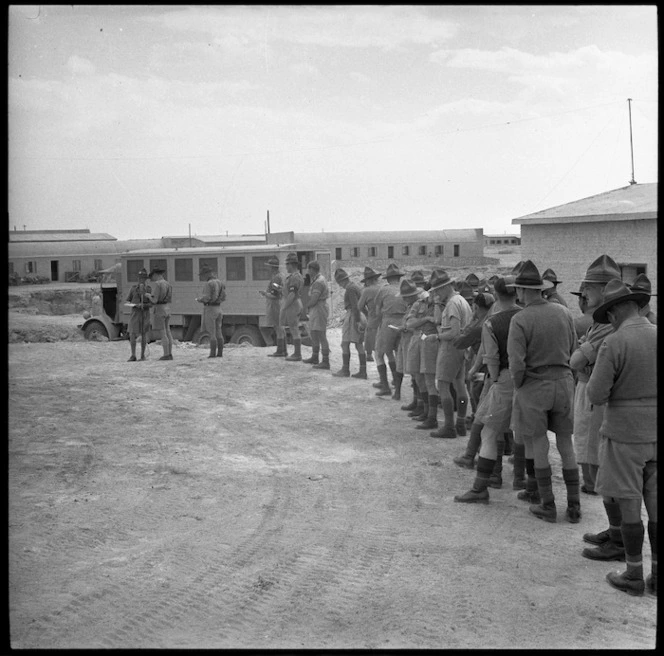 Queue of NZ soldiers broadcasting home, Maadi - Photograph taken by M D Elias
