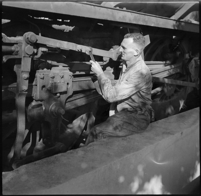 J Noonan of the New Zealand Railway Operating Unit maintaining a locomotive in the Western Desert