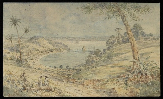 Artist unknown: New Zealand. [Kororareka Beach, Russell, 1827 or 1828, after a lithograph by Augustus Earle]