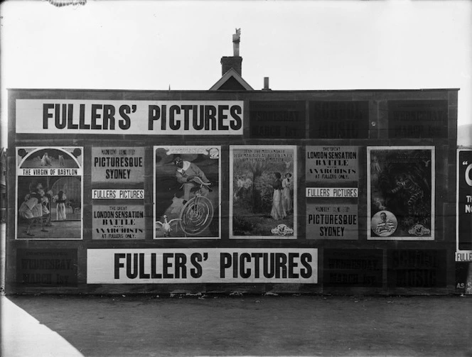 Posters advertising movies soon to be screened by "Fullers' Pictures"