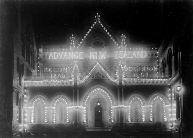 Parliament Buildings, Wellington, illuminated to celebrate Dominion Day