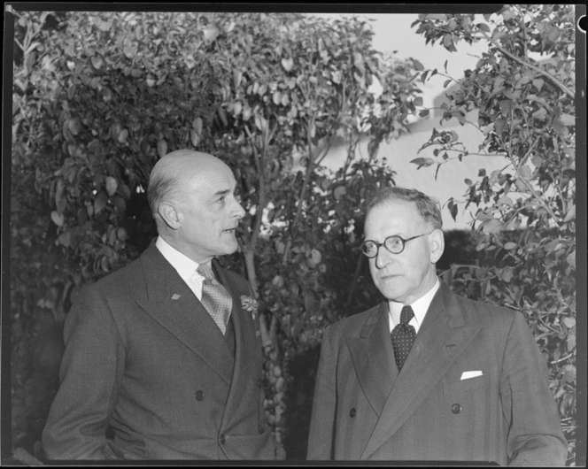 Sir Patrick Duff, High Commissioner for the United Kingdom in New Zealand, and Arthur S Drakeford, Australian Minister for Civil Aviation, [at?] South Pacific ATC