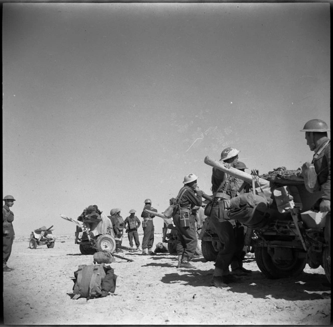 Anti tank gunners await orders to take up position on manoeuvres after the Libyan Campaign, Egypt