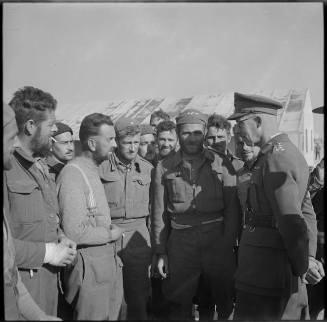 Brigadier Falconer with New Zealanders just returned from Bardia imprisonment, World War II