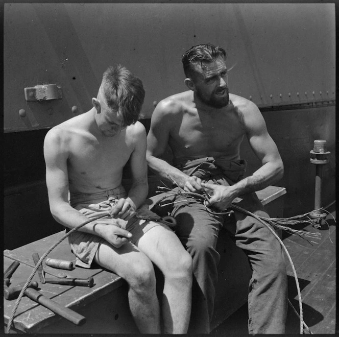 Wire splicers at work aboard HMS Leander, Alexandria - Photograph taken by M D Elias