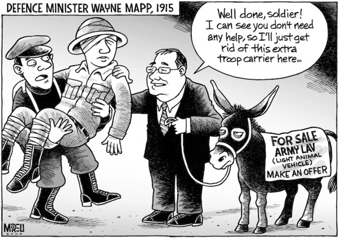 "Well done, soldier! I can see you don't need any help, so I'll just get rid of this extra troop carrier here..." Defence Minister Wayne Mapp, 1915. 25 April 2009