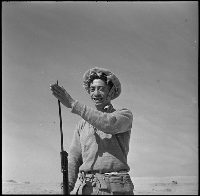 Maori soldier with a bayonet in the Western Desert, during World War II - Photograph taken by H Paton