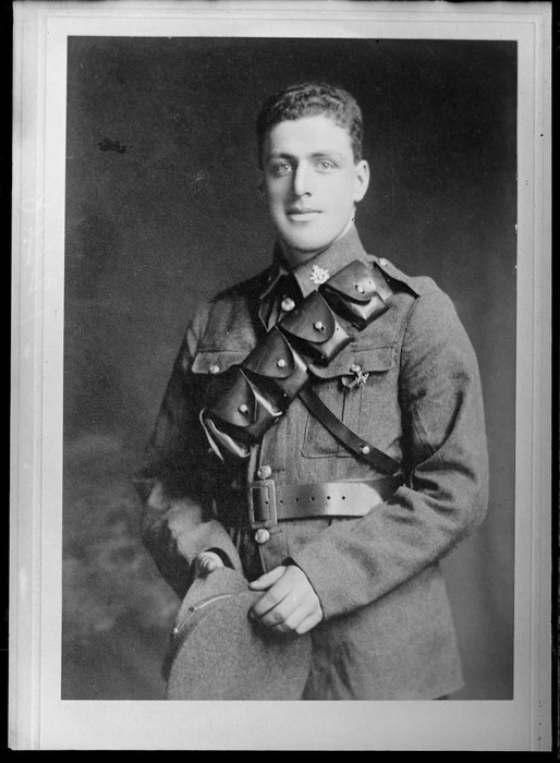 Studio portrait of unidentified soldier, in uniform, probably Christchurch district