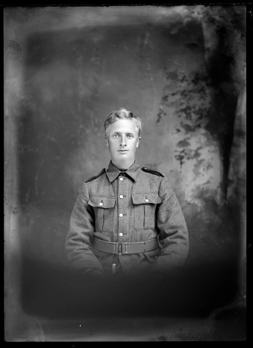 Head and shoulders studio portrait of unidentified soldier in uniform, probably Christchurch district