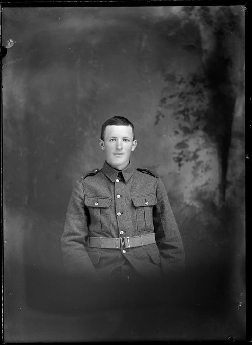 Head and shoulders studio portrait of unidentified soldier in uniform, probably Christchurch district