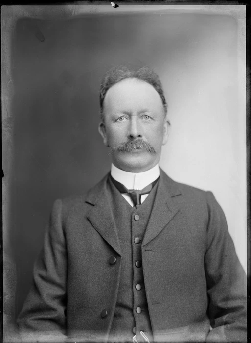 Head and shoulders studio portrait of unidentified man, with a moustache, probably Christchurch district