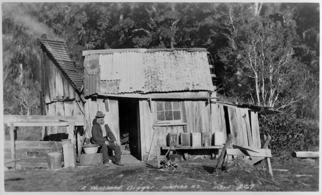 Geordie Wiltshire outside his hut on the banks of Butcher's Creek