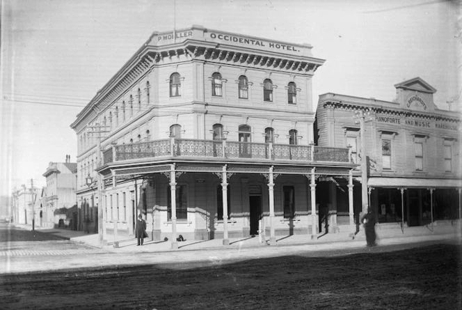 Corner of Lambton Quay and Johnston Street, Wellington, with the Occidental Hotel