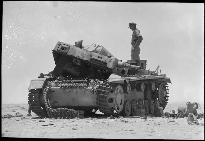 A German tank which received a direct hit on the El Alamein front, Egypt - Photograph taken by H Paton