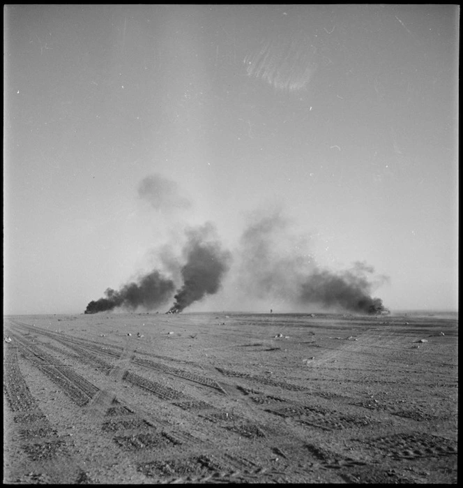 German tanks burning at Wadi ZemZem, Libya - Photograph taken by H Paton