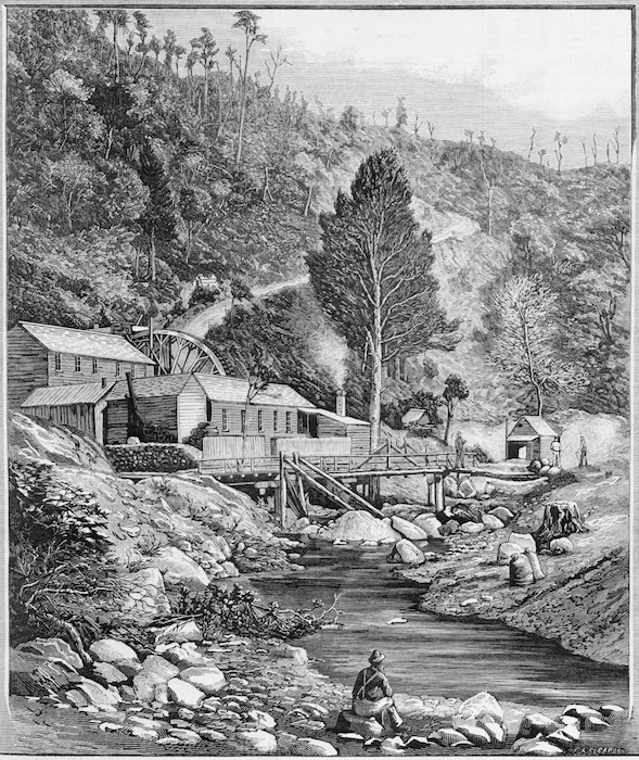 Illustrated New Zealand news :Russell's gold battery on the Tararu Creek. 1885