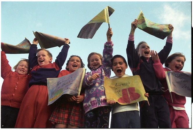 Puketiro School children welcome home Team New Zealand - Photograph taken by John Nicholson