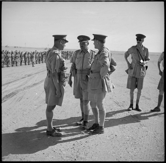 General Auchinleck talking to Brigadier L M Inglis and General Freyberg, Baggush