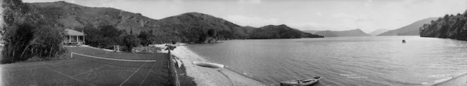 St Omer House, tennis court, and beach, Kenepuru Sound, Marlborough Sounds