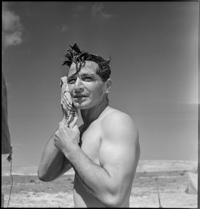 New Zealander washing in Tunisia, World War II - Photograph taken by H Paton