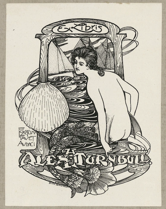 Souter, David Henry, 1862-1935 :Ex libris Alex H Turnbull. Fortuna favet audaci / D H Souter [ca 1909]