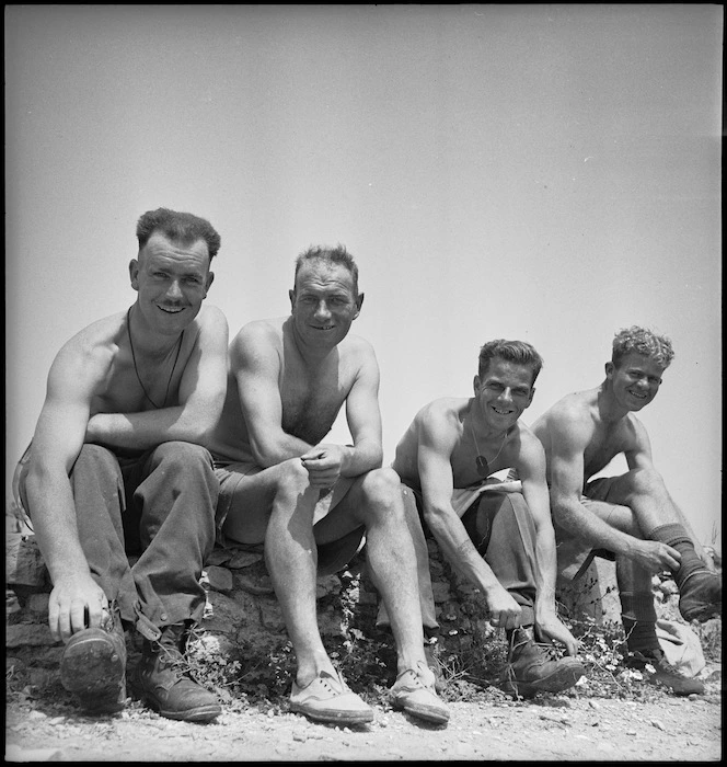 NZ infantry just out of the line up for a shower, Tunisia, World War II - Photograph taken by M D Elias